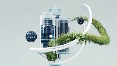 Glass towers wrapped in a ribbon of greenery.